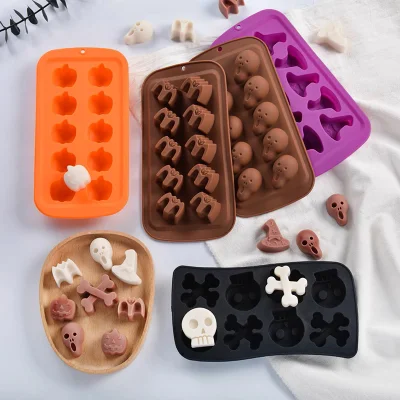 Molde de silicona para Chocolate de Halloween, molde para hornear dulces DIY con forma de calabaza, calavera, murciélago, cubitos de hielo, natillas y pudín